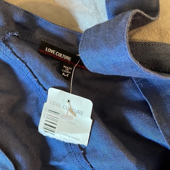 NWT Overall Dress Minimal Retro Camp Love Culture Med Blue Mini Linen Pinafore - Picture 6 of 10